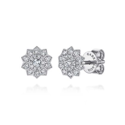 Floral - 14K White Gold Flower Diamond Stud Earrings