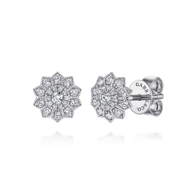 Floral - 14K White Gold Flower Diamond Stud Earrings - 0.38 ct - Shot 1