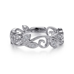 Floral - 14K White Gold Scrolling Floral Diamond Stackable Ring