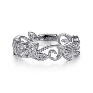 Floral - 14K White Gold Scrolling Floral Diamond Stackable Ring