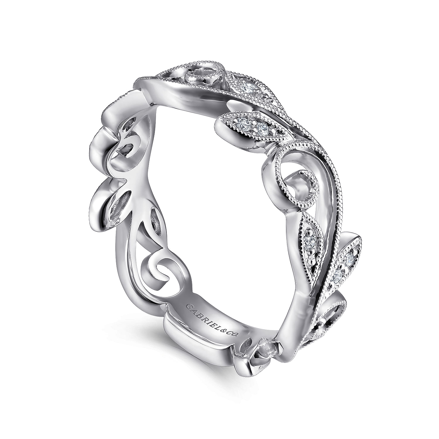 Floral - 14K White Gold Scrolling Floral Diamond Stackable Ring - 0.09 ct - Shot 3