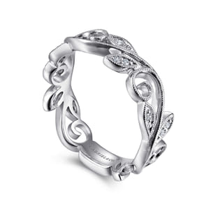 Floral - 14K White Gold Scrolling Floral Diamond Stackable Ring
