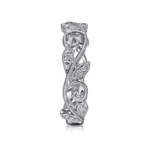 Floral - 14K White Gold Scrolling Floral Diamond Stackable Ring