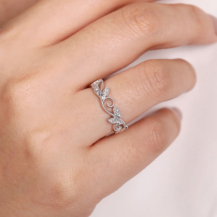 Floral - 14K White Gold Scrolling Floral Diamond Stackable Ring