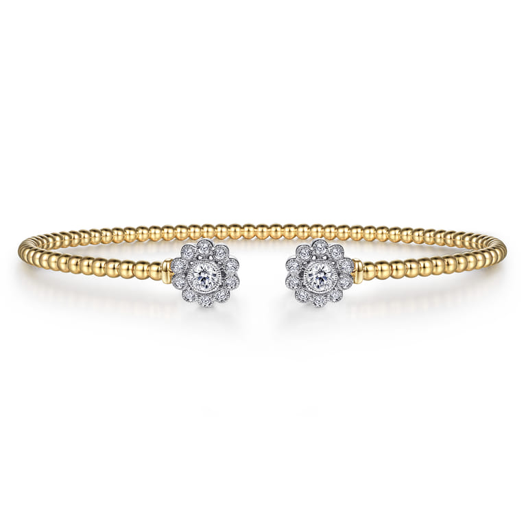 Floral - 14K White Yellow Gold Bujukan Split Cuff Bracelet with Diamond Flowers - 0.25 ct - Shot 1