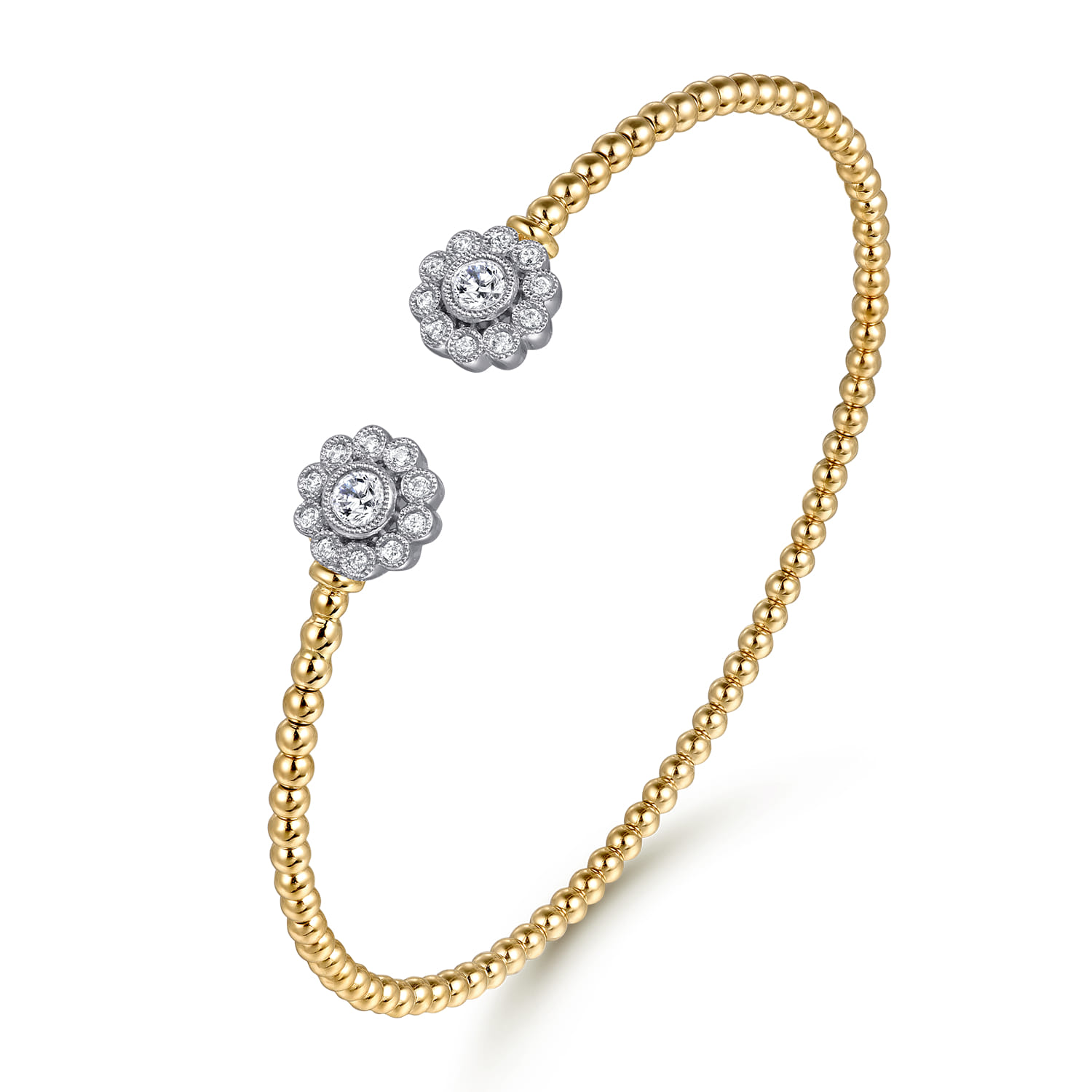 Floral - 14K White Yellow Gold Bujukan Split Cuff Bracelet with Diamond Flowers - 0.25 ct - Shot 2
