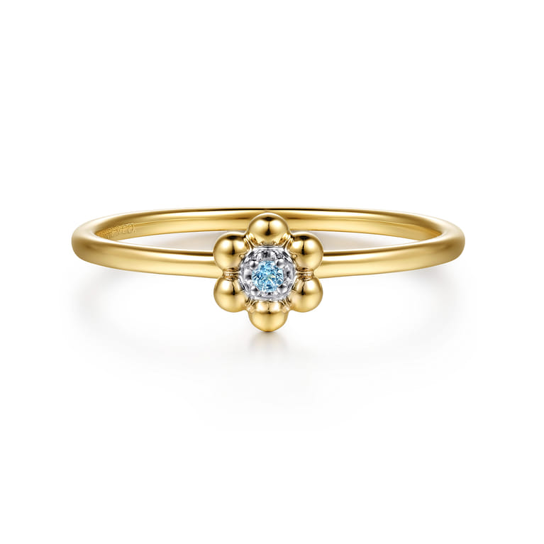 Floral - 14K White  Yellow Gold Bujukan and Blue Topaz Flower Stackable Ring - Shot 1