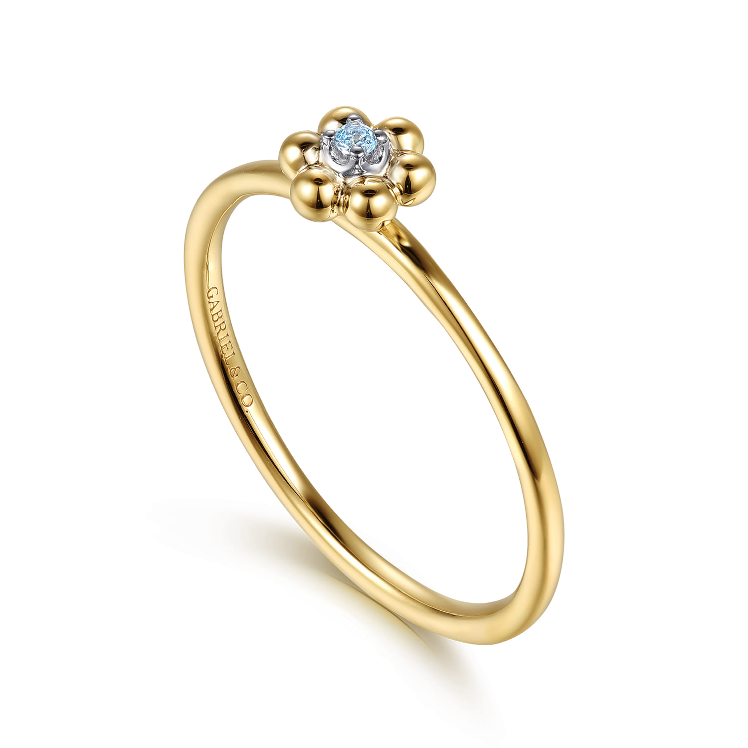 Floral - 14K White  Yellow Gold Bujukan and Blue Topaz Flower Stackable Ring - Shot 3