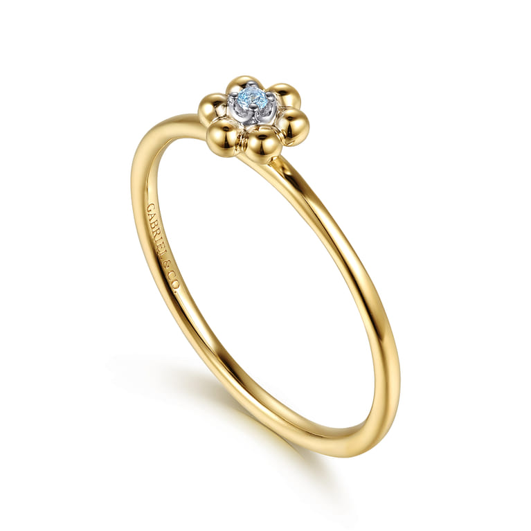 Floral - 14K White  Yellow Gold Bujukan and Blue Topaz Flower Stackable Ring - Shot 3