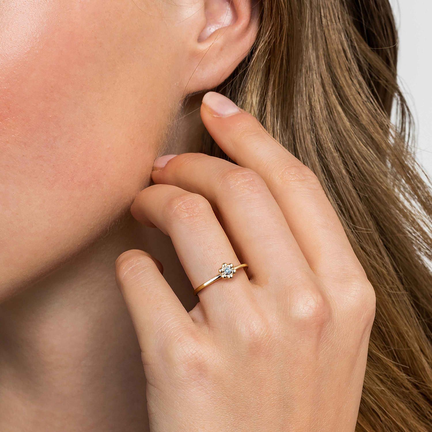 Floral - 14K White  Yellow Gold Bujukan and Blue Topaz Flower Stackable Ring - Shot 5