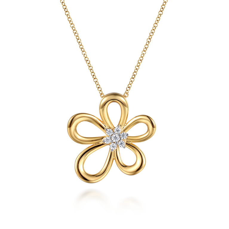 Floral - 14K White  Yellow Gold Diamond Floral Pendant Necklace - 0.17 ct - Shot 1