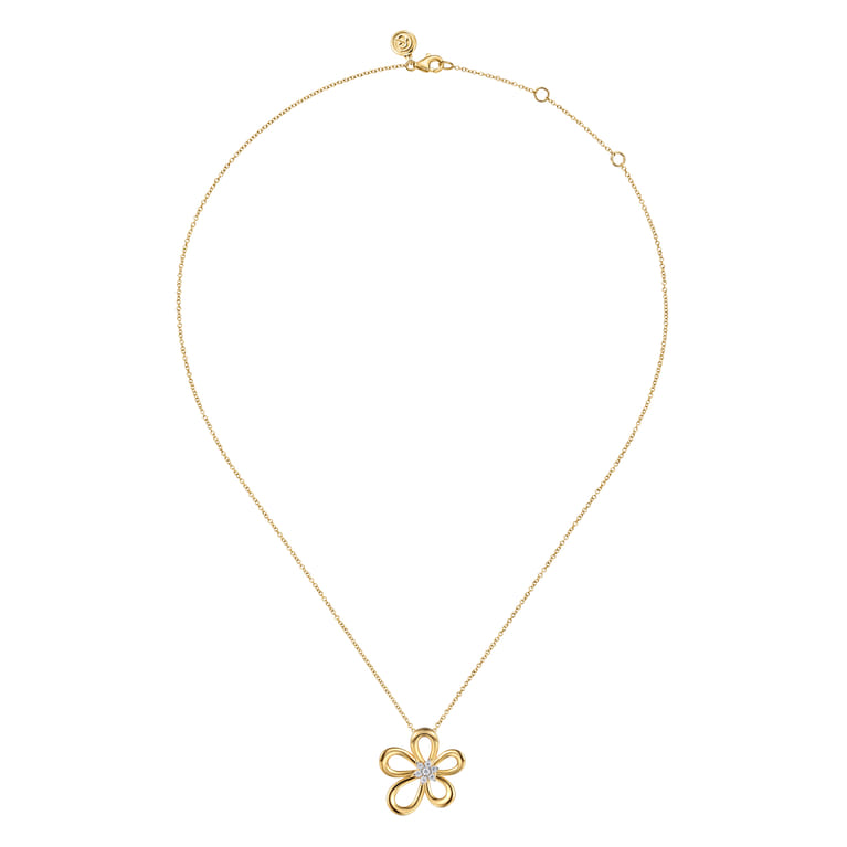Floral - 14K White  Yellow Gold Diamond Floral Pendant Necklace - 0.17 ct - Shot 2