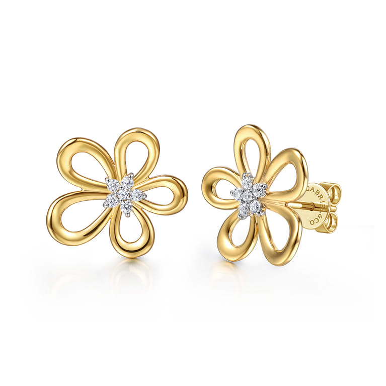 Floral - 14K White  Yellow Gold Diamond Floral Stud Earrings - 0.16 ct - Shot 1