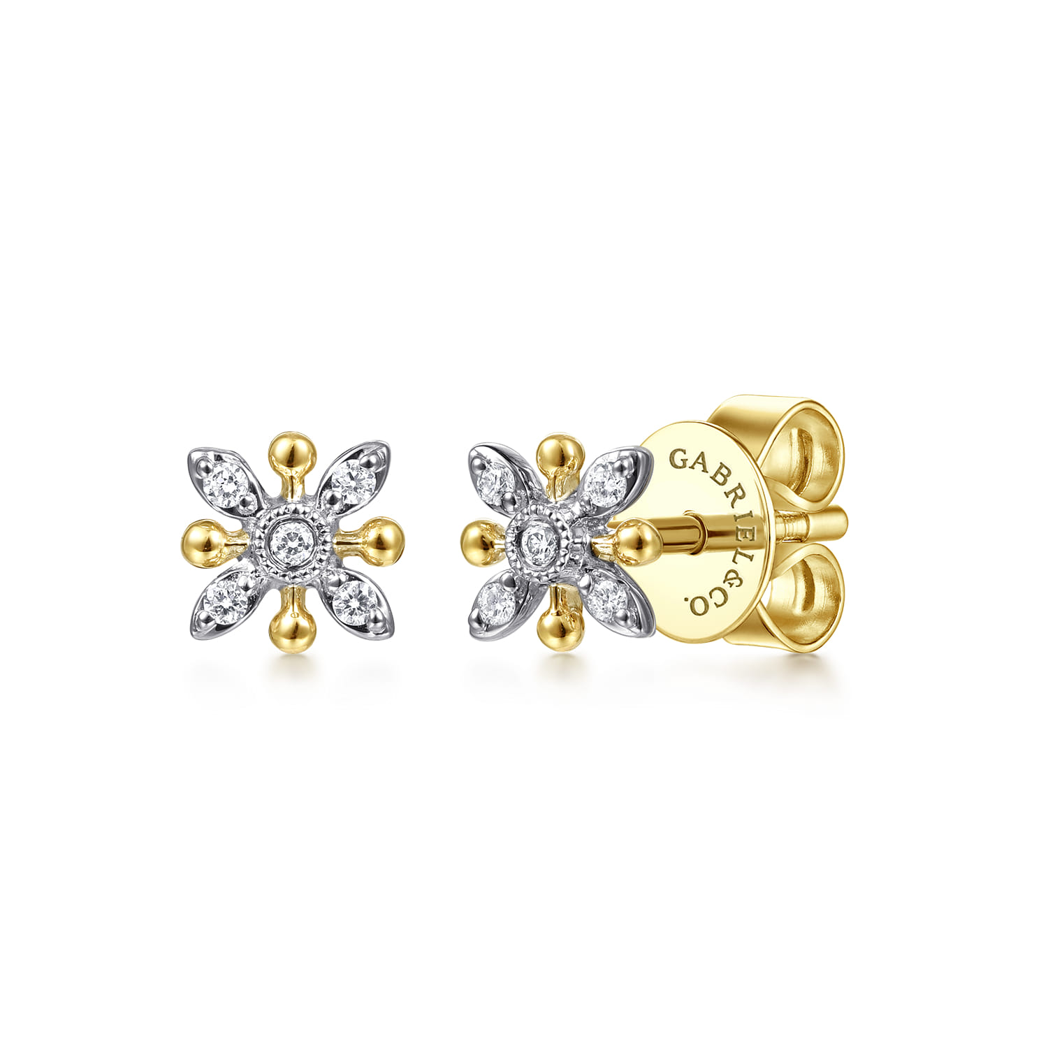 Floral - 14K White-Yellow Gold Diamond Flower Stud Earrings - 0.05 ct - Shot 1