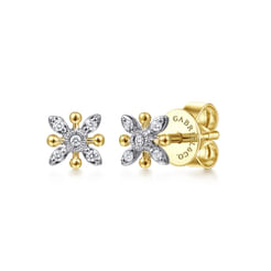 Floral - 14K White-Yellow Gold Diamond Flower Stud Earrings
