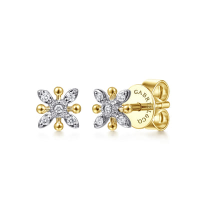 Floral - 14K White-Yellow Gold Diamond Flower Stud Earrings