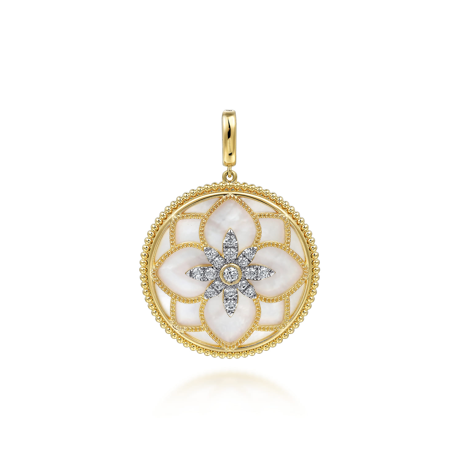 Floral - 14K Yellow Gold 32mm Bujukan Diamond and Mother of Pearl Medallion Pendant With Detachable Bail - 0.53 ct - Shot 1