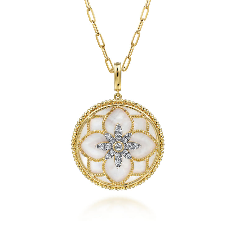 Floral - 14K Yellow Gold 32mm Bujukan Diamond and Mother of Pearl Medallion Pendant With Detachable Bail - 0.53 ct - Shot 3
