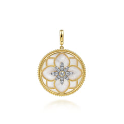 Floral - 14K Yellow Gold 32mm Bujukan Diamond and Mother of Pearl Medallion Pendant with Detachable Bail