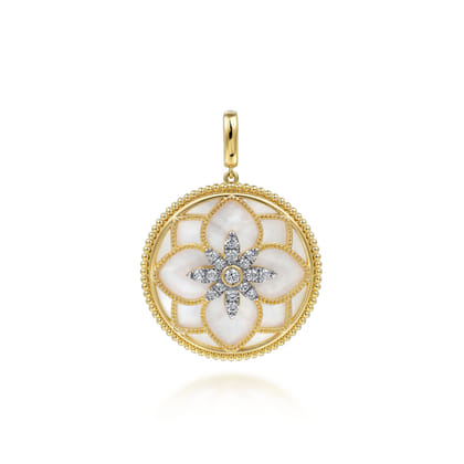Floral - 14K Yellow Gold 32mm Bujukan Diamond and Mother of Pearl Medallion Pendant with Detachable Bail