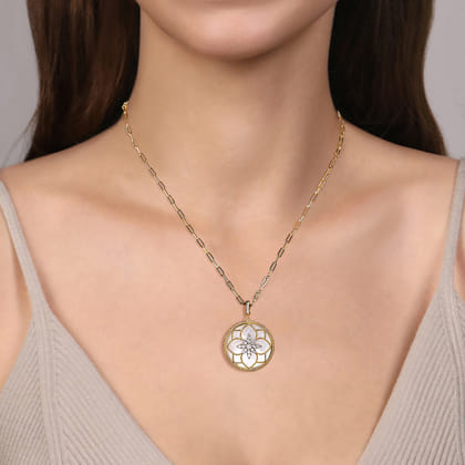 Floral - 14K Yellow Gold 32mm Bujukan Diamond and Mother of Pearl Medallion Pendant with Detachable Bail