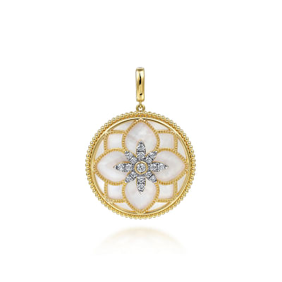 Floral - 14K Yellow Gold 32mm Bujukan Diamond and Mother of Pearl Medallion Pendant