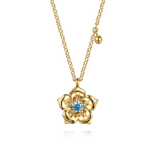 Floral - 14K Yellow Gold Blue Topaz Floral Drop Necklace