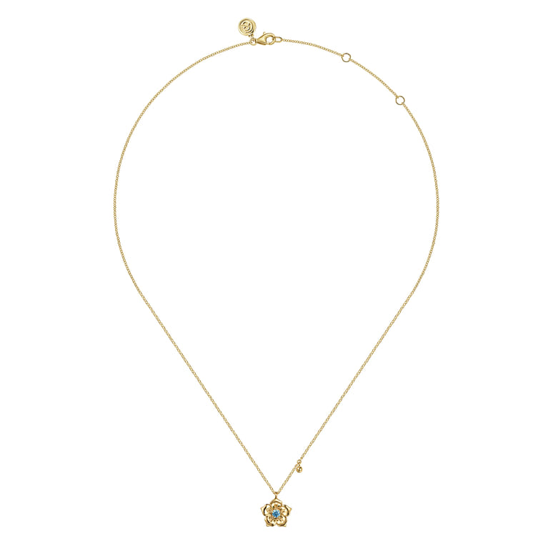 Floral - 14K Yellow Gold Blue Topaz Floral Drop Necklace - Shot 2
