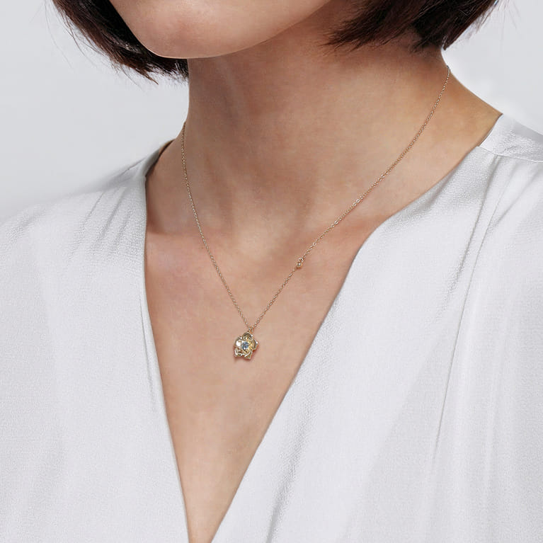 Floral - 14K Yellow Gold Blue Topaz Floral Drop Necklace - Shot 4