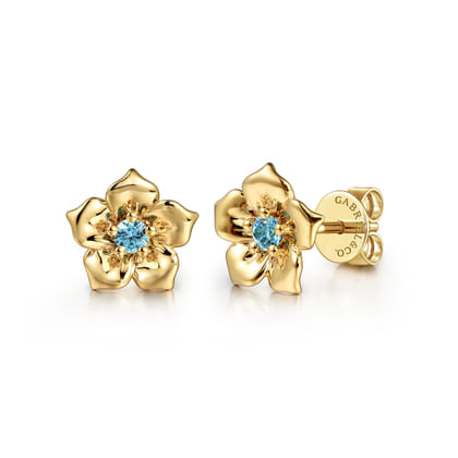 Floral - 14K Yellow Gold Blue Topaz Floral Stud Earrings