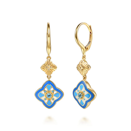 Floral - 14K Yellow Gold Bujukan Blue Topaz Clover Drop Earrings with Blue Dusk Blue and White Enamel