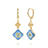 Floral - 14K Yellow Gold Bujukan Blue Topaz Clover Drop Earrings with Blue Dusk Blue and White Enamel