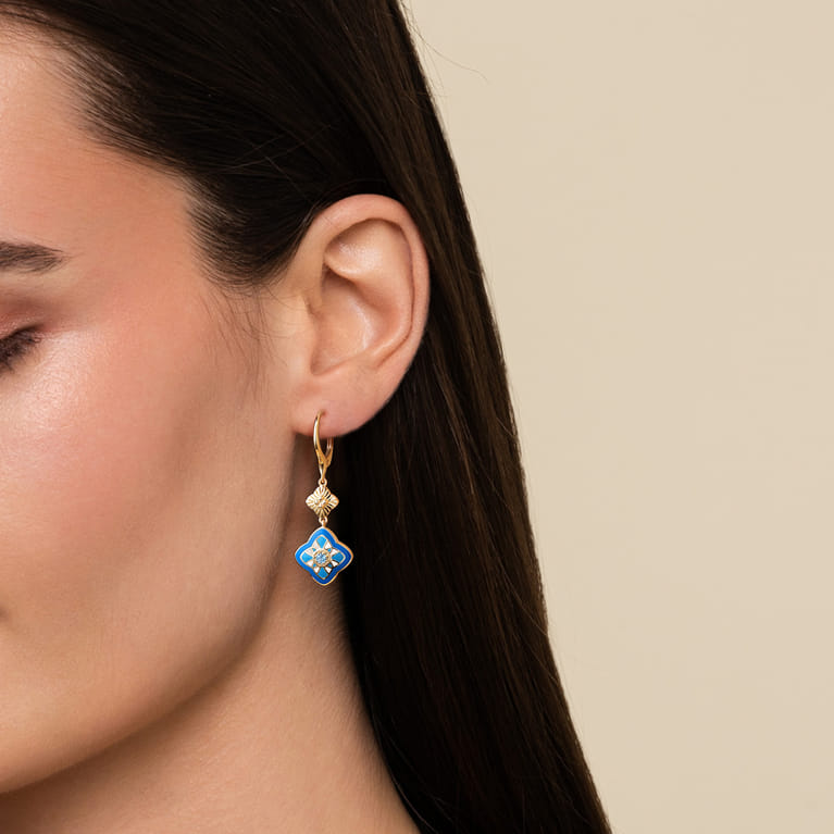 Floral - 14K Yellow Gold Bujukan Blue Topaz Clover Drop Earrings with Blue Dusk Blue and White Enamel - Shot 3