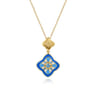 Floral - 14K Yellow Gold Bujukan Blue Topaz Clover Pendant Drop Necklace with Blue Dusk Blue and White Enamel
