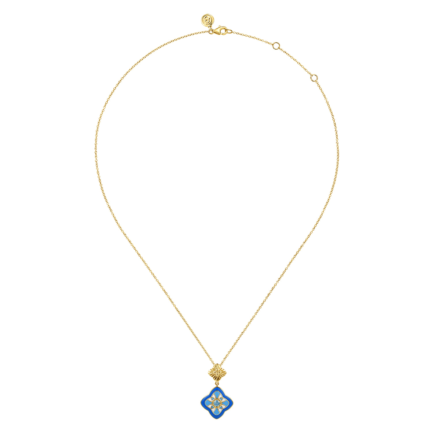 Floral - 14K Yellow Gold Bujukan Blue Topaz Clover Pendant Drop Necklace with Blue Dusk Blue and White Enamel - Shot 2
