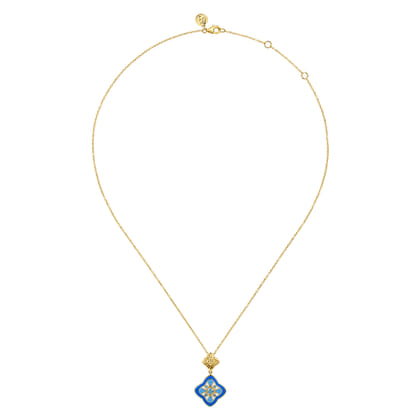 Floral - 14K Yellow Gold Bujukan Blue Topaz Clover Pendant Drop Necklace with Blue Dusk Blue and White Enamel