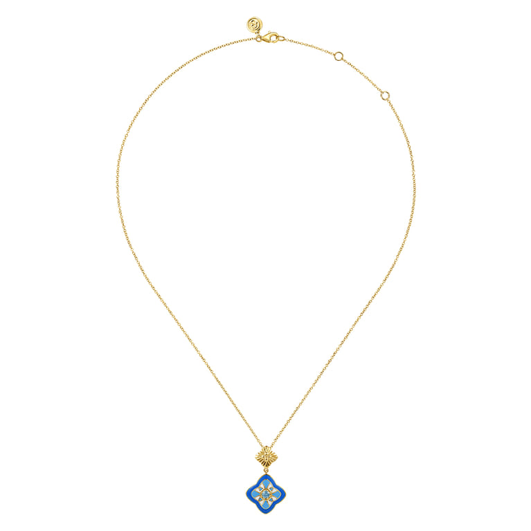 Floral - 14K Yellow Gold Bujukan Blue Topaz Clover Pendant Drop Necklace with Blue Dusk Blue and White Enamel - Shot 2