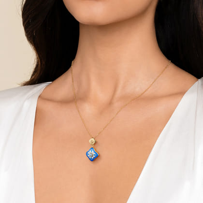 Floral - 14K Yellow Gold Bujukan Blue Topaz Clover Pendant Drop Necklace with Blue Dusk Blue and White Enamel