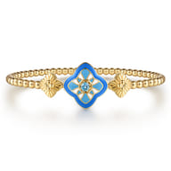 Floral - 14K Yellow Gold Bujukan Blue Topaz Floral Split Bangle Bracelet with Blue Dusk Blue and White Enamel