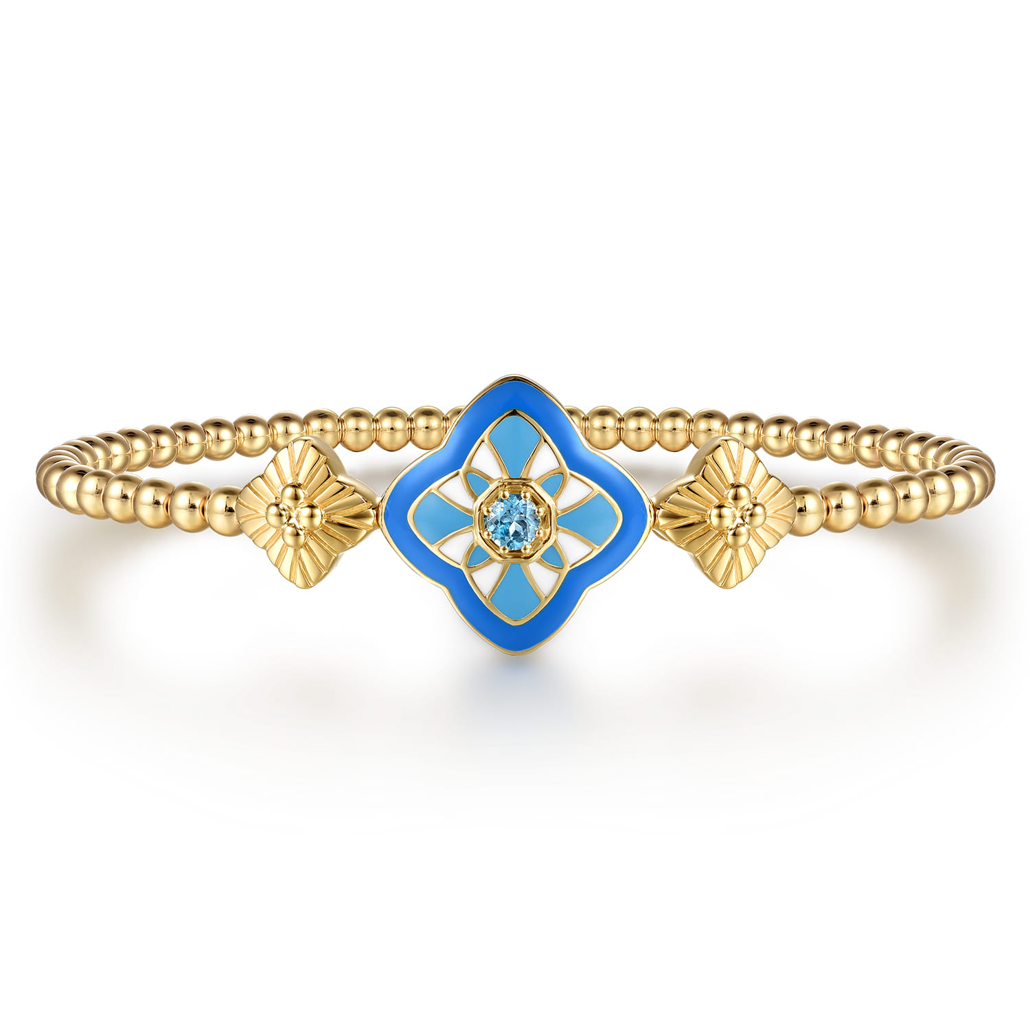 Floral - 14K Yellow Gold Bujukan Blue Topaz Floral Split Bangle Bracelet with Blue Dusk Blue and White Enamel - Shot 1