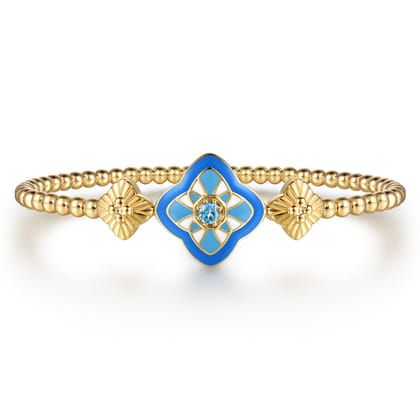 Floral - 14K Yellow Gold Bujukan Blue Topaz Floral Split Bangle Bracelet with Blue Dusk Blue and White Enamel