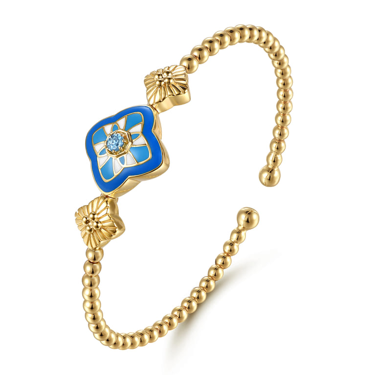 Floral - 14K Yellow Gold Bujukan Blue Topaz Floral Split Bangle Bracelet with Blue Dusk Blue and White Enamel - Shot 2
