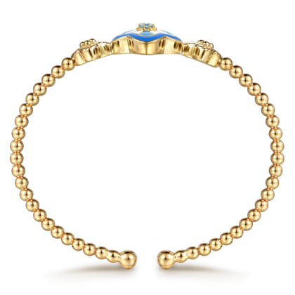 Floral - 14K Yellow Gold Bujukan Blue Topaz Floral Split Bangle Bracelet with Blue Dusk Blue and White Enamel