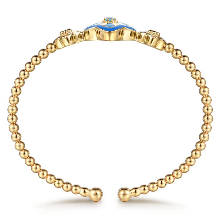 Floral - 14K Yellow Gold Bujukan Blue Topaz Floral Split Bangle Bracelet with Blue Dusk Blue and White Enamel - Shot 3