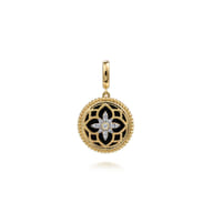 Floral - 14K Yellow Gold Bujukan Diamond and Black Onyx Medallion Pendant in size 18mm With Detachable Bail