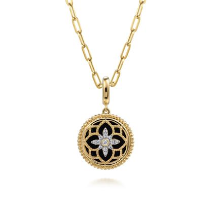 Floral - 14K Yellow Gold Bujukan Diamond and Black Onyx Medallion Pendant in size 18mm with Detachable Bail
