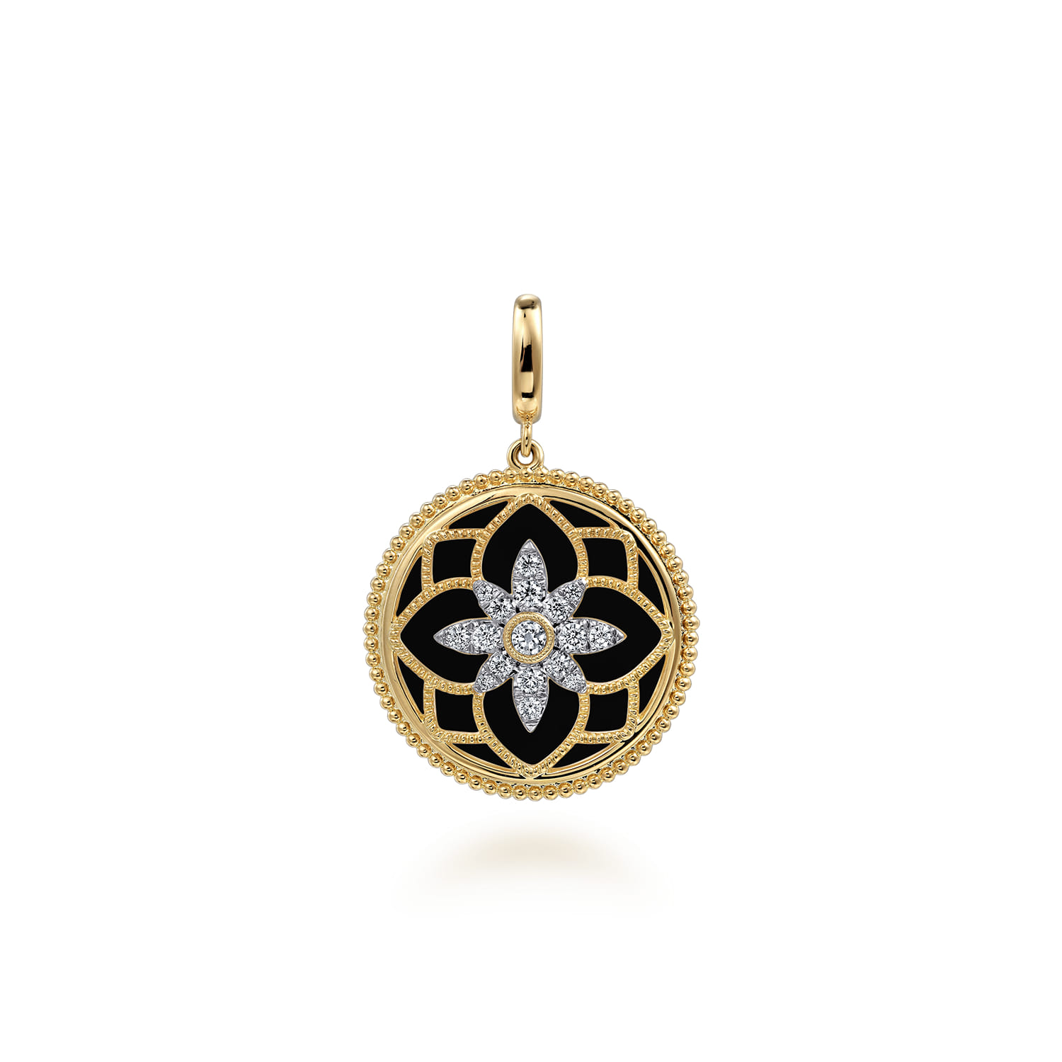 Floral - 14K Yellow Gold Bujukan Diamond and Black Onyx Medallion Pendant in size 24mm With Detachable Bail - 0.35 ct - Shot 1