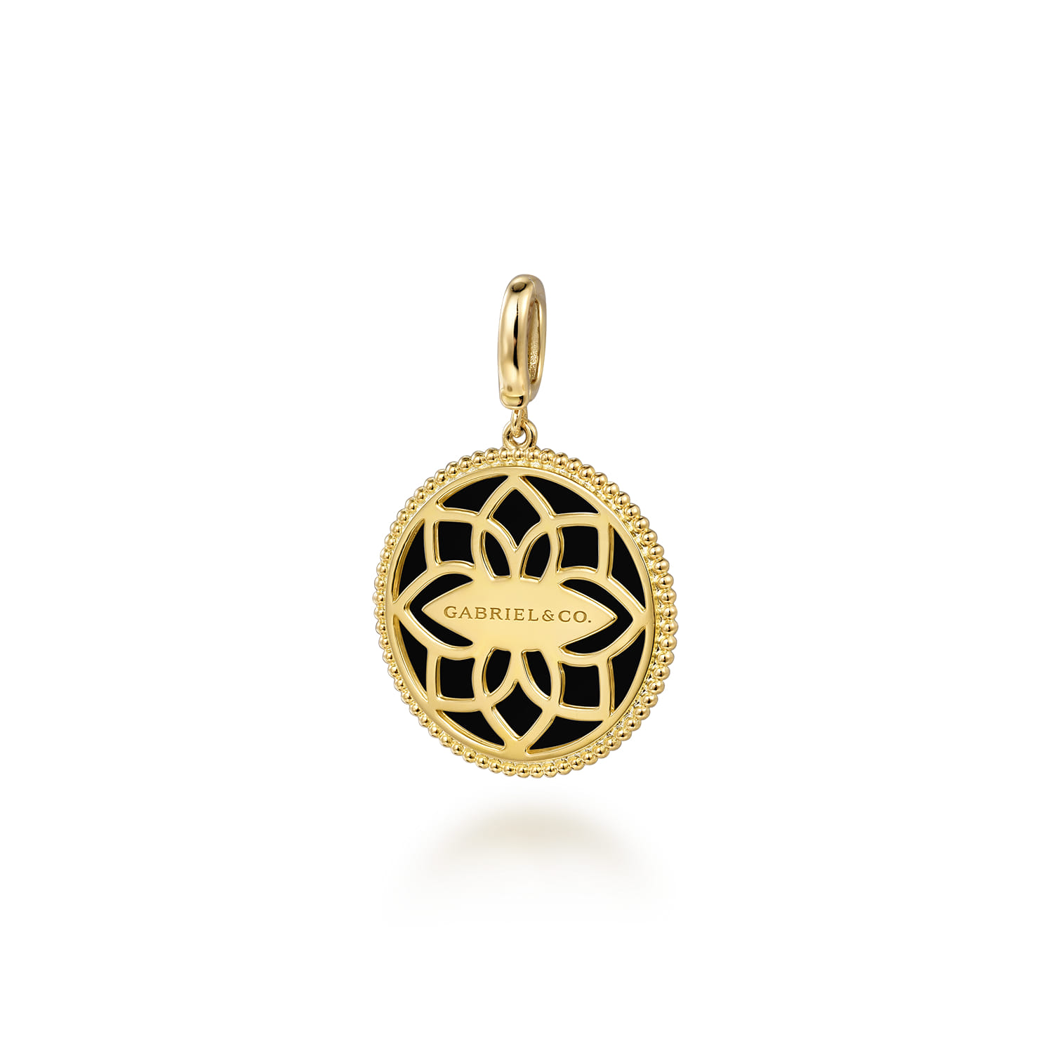 Floral - 14K Yellow Gold Bujukan Diamond and Black Onyx Medallion Pendant in size 24mm With Detachable Bail - 0.35 ct - Shot 2