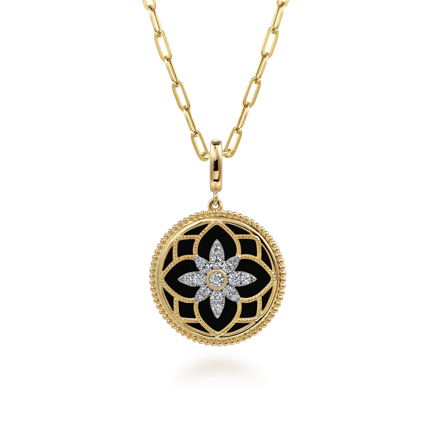 Floral - 14K Yellow Gold Bujukan Diamond and Black Onyx Medallion Pendant in size 24mm With Detachable Bail - 0.35 ct - Shot 3