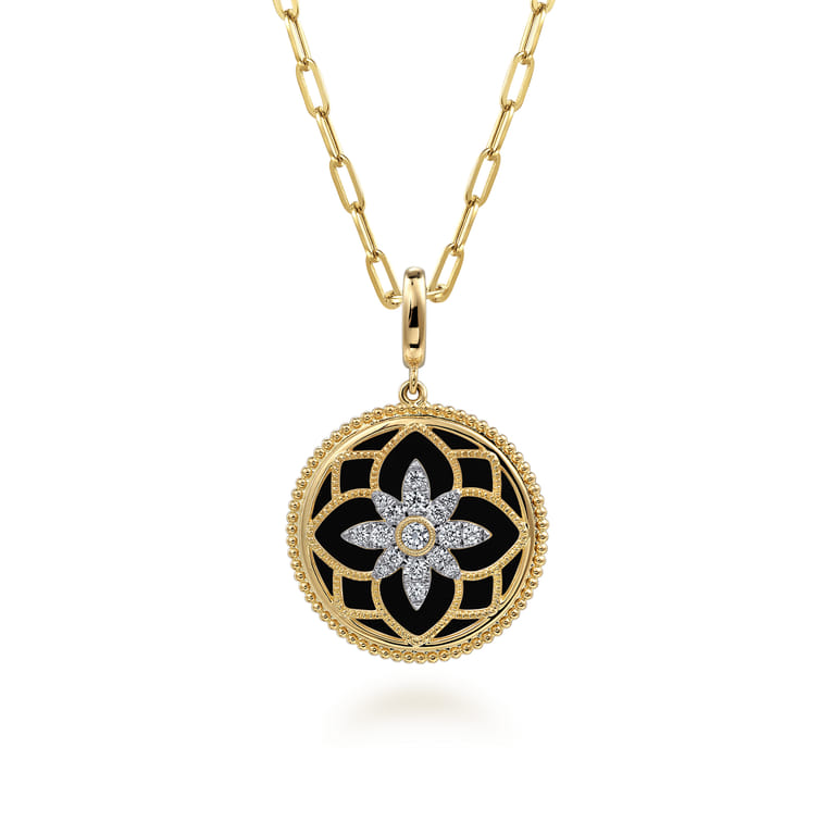 Floral - 14K Yellow Gold Bujukan Diamond and Black Onyx Medallion Pendant in size 24mm With Detachable Bail - 0.35 ct - Shot 3